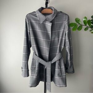 Carolina Belle Montreal Plaid Check Wrap Jacket Open Belted Grey White Large